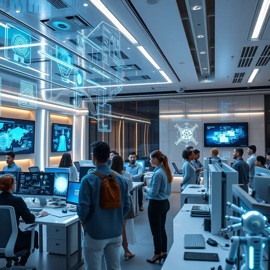 A futuristic office environment showcasing AI agents working seamlessly with human employees, connected to various business tools and platforms, emphasizing efficiency and productivity.