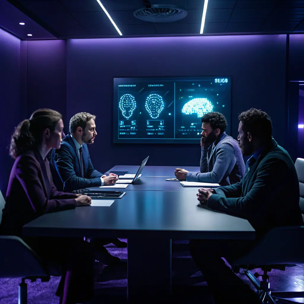 A team of SEO gurus, data scientists, and AI robots from Omegacube Agency meeting at Space Center Houston with Elon Musk, Donald Trump, and Ted Cruz, discussing data analysis and digital marketing strategies.