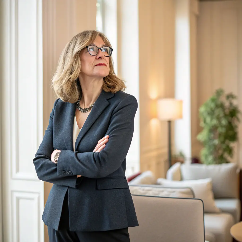 Anja is a sharp and modern woman with shoulder-length blonde hair, wearing a stylish blazer and glasses, with a focused expression.