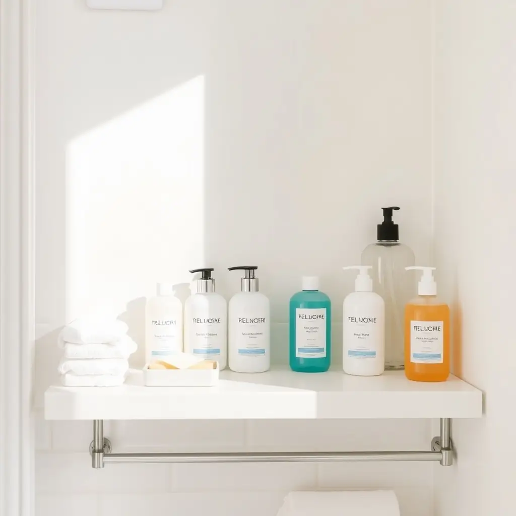 A high-quality photo of a spotless bathroom with neatly folded towels and a curated set of toiletries, representing cleanliness and order.