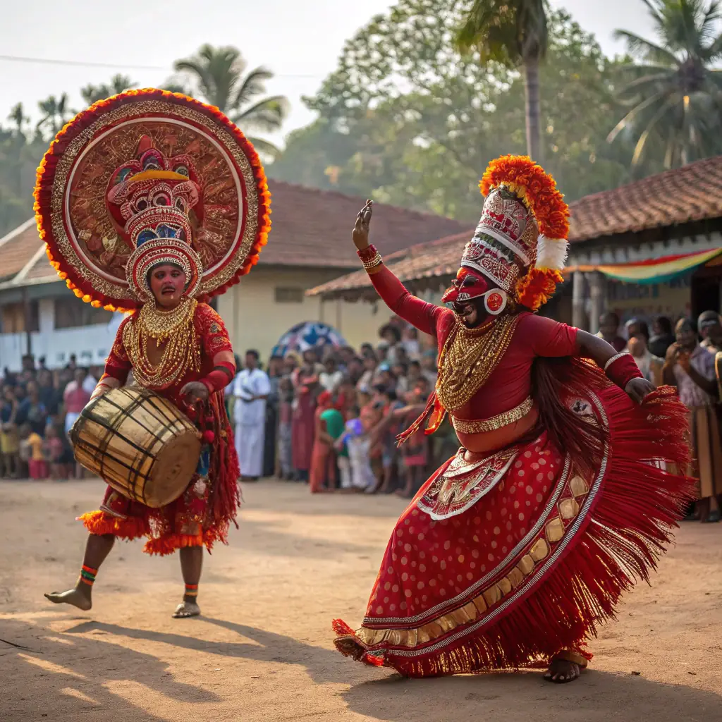 A vibrant photograph capturing a Theyyam performance in Kerala, showcasing the elaborate costumes, face paint, and ritualistic dance movements. The backdrop features a traditional Kerala village setting with lush greenery and a temple.