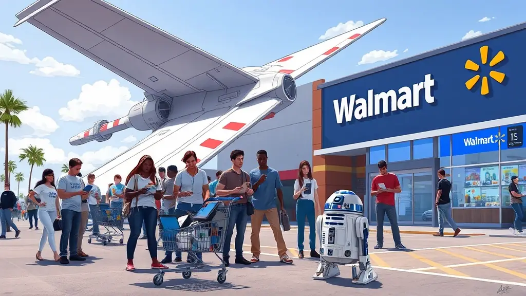 A vibrant scene of Walmart store with R2-D2 and Omegacube team members, featuring the X-wing fighter in the parking lot, showcasing Walmart products on devices and in-store displays, emphasizing patriotism and technological progress.