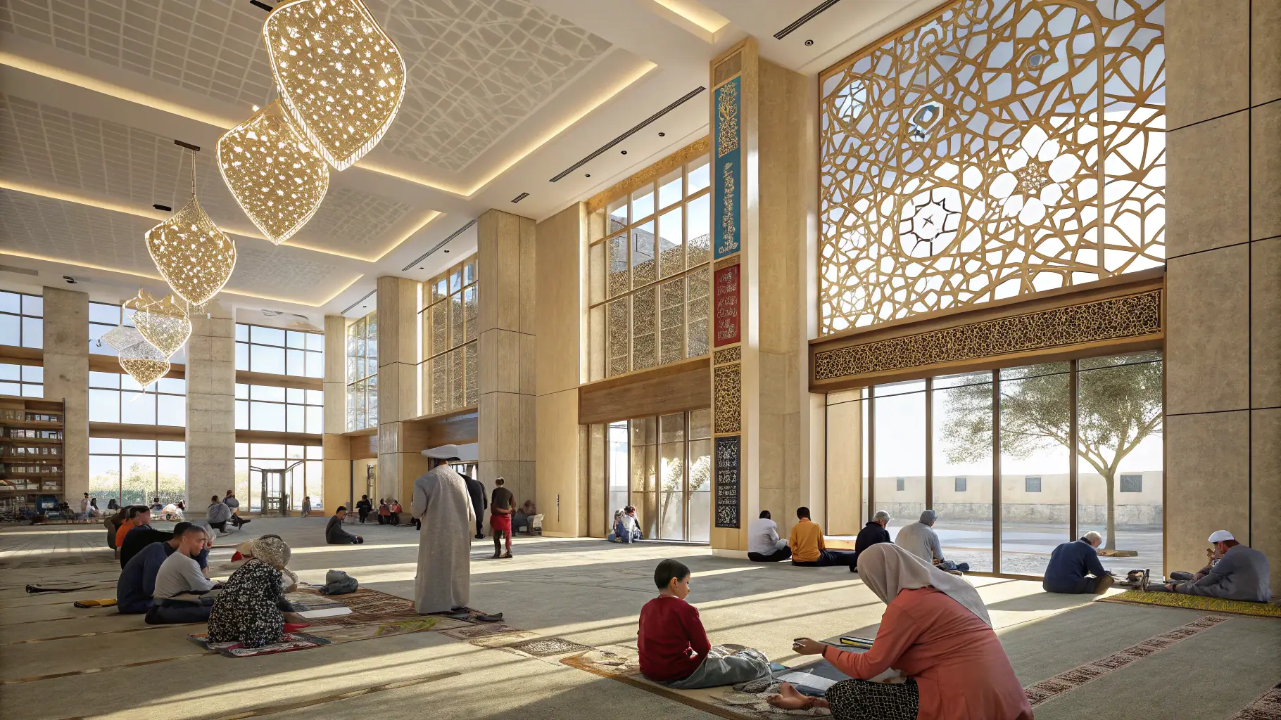 A vibrant community centre interior with people engaging in prayer, educational activities, and family gatherings, emphasizing warmth, inclusivity, and community spirit