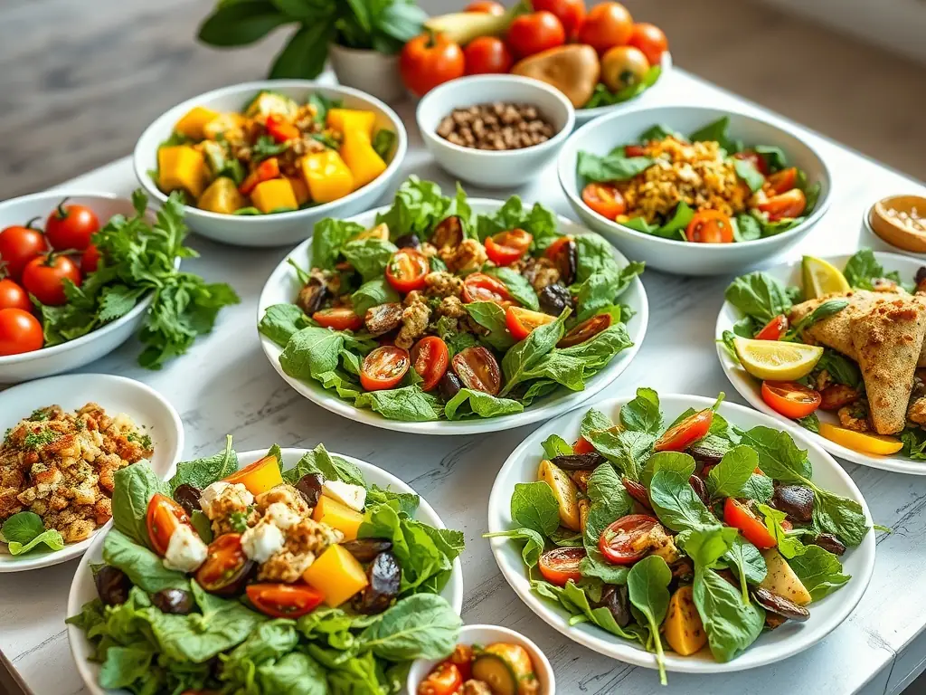 A beautifully arranged platter of appetizers and salads, vibrant and inviting, showcasing the restaurant's fresh ingredients.