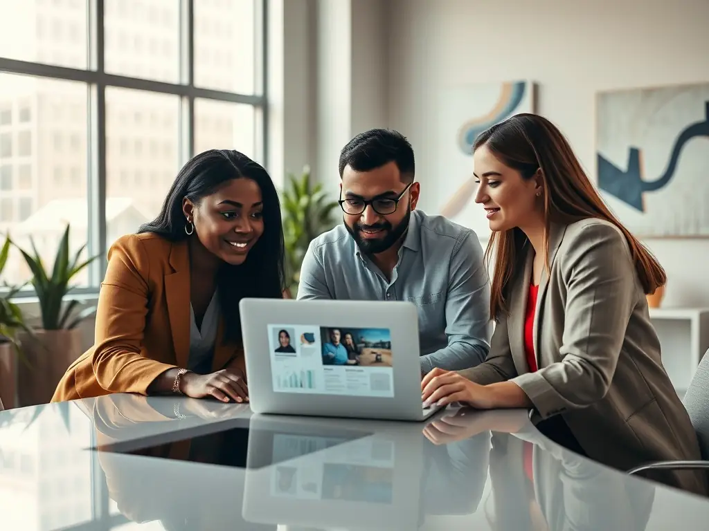 A dynamic image showcasing a diverse group of professionals collaborating over financial technology solutions, symbolizing innovation and teamwork.