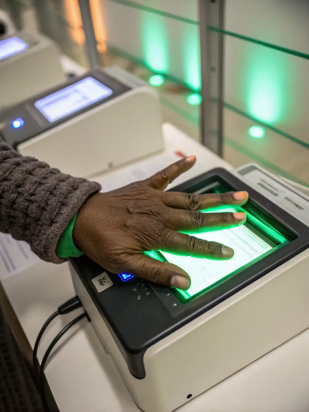 A close-up shot of a person's fingers being scanned on a live scan fingerprinting device, highlighting the precision and technology used for background checks at Trustpoint.