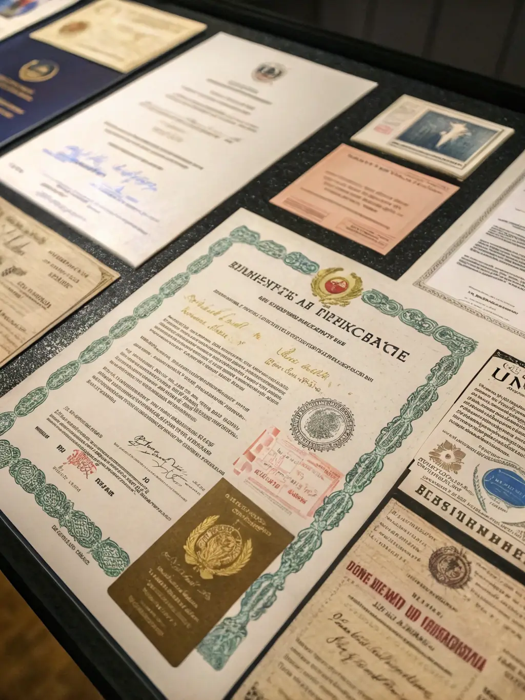 A collage of various legal documents such as a birth certificate, educational diploma, and business contract, each bearing an apostille seal, symbolizing the range of document authentication services offered by Trustpoint.