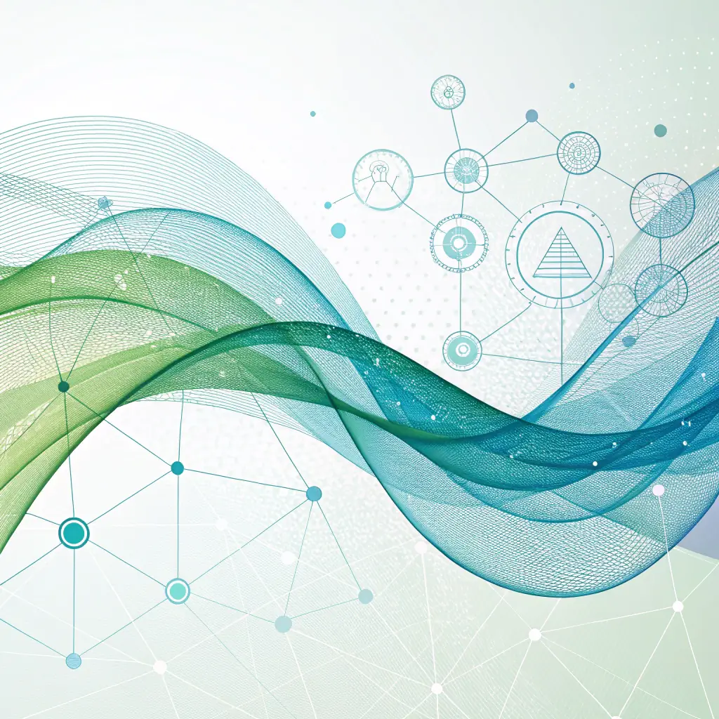 Abstract geometric shapes in shades of blue and green, representing interconnectedness and growth, suitable for a digital marketing consulting firm.