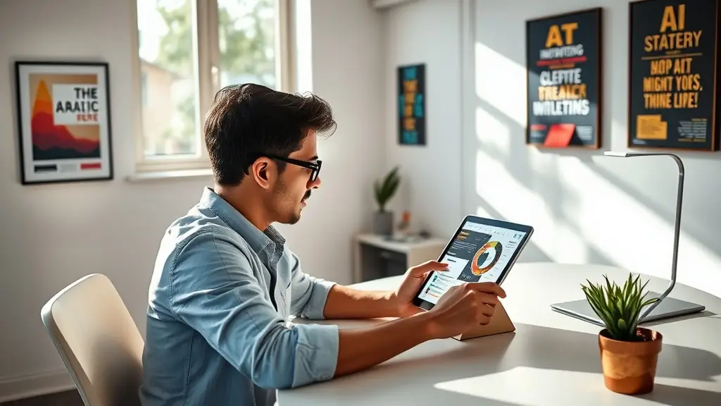 A person interacting with a video survey on a tablet, showing a graph of analyzed data in the background.