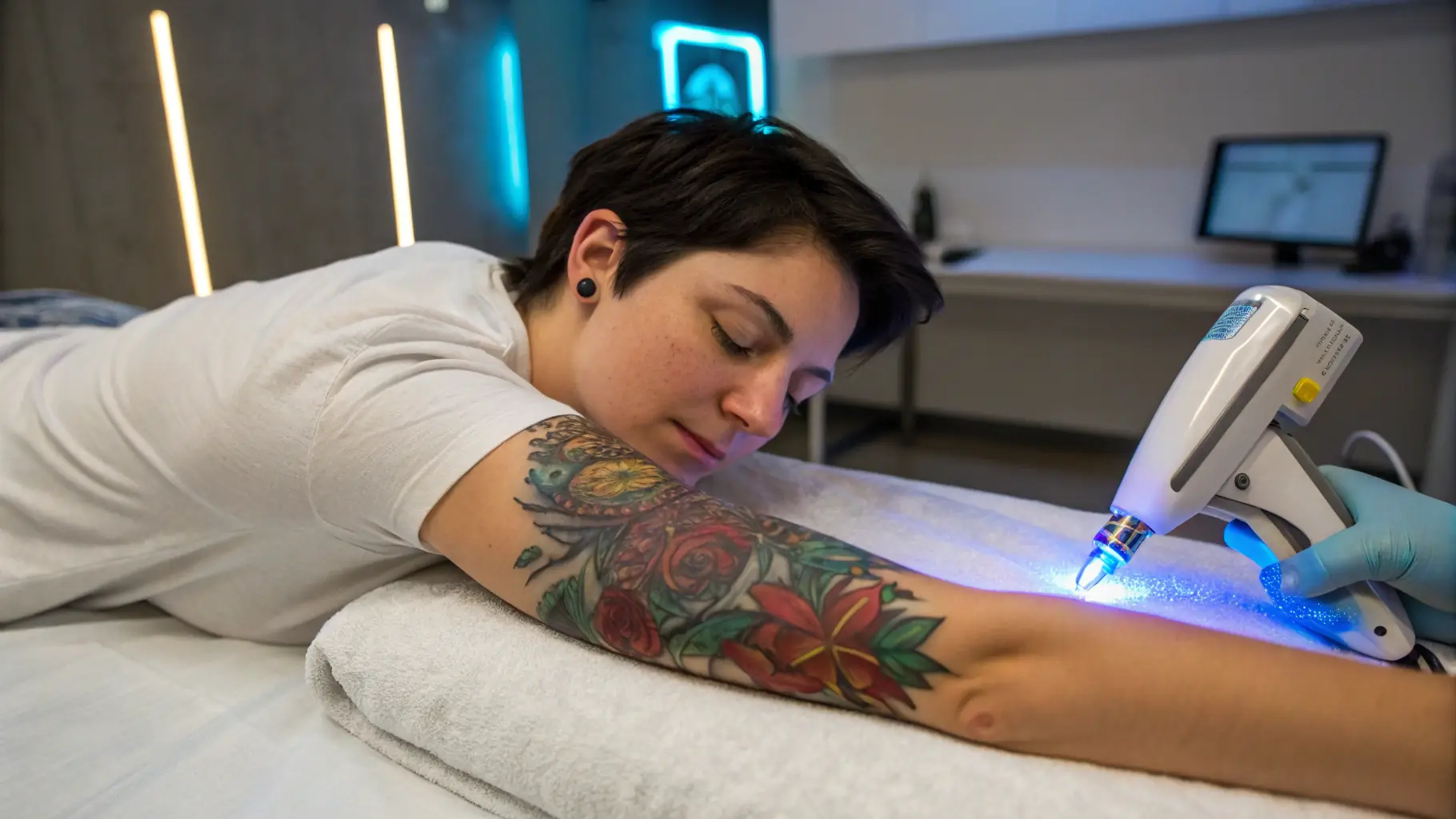 A laser beam targeting hair follicles on a man's back, with a focus on the precision and effectiveness of the treatment.