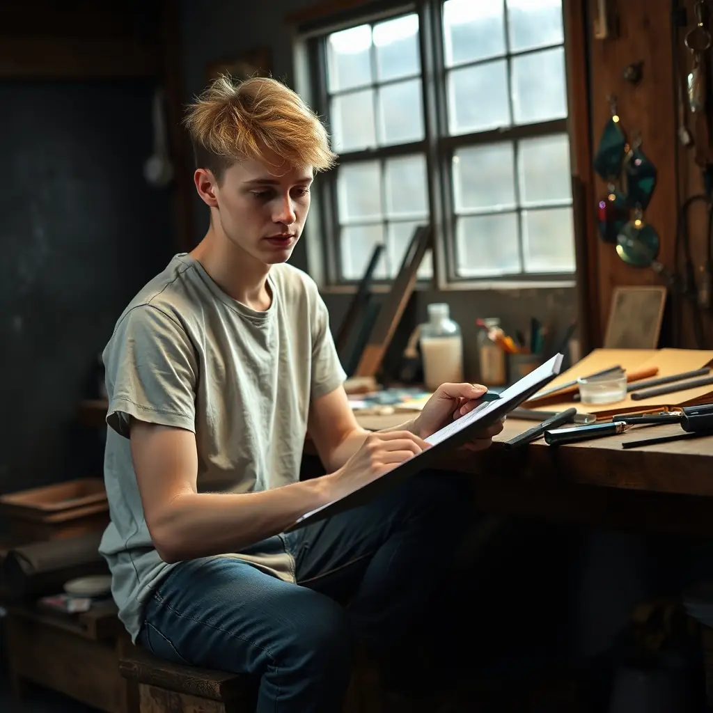 Elias has short, neatly styled brown hair and a focused gaze, often seen sketching designs with a thoughtful expression.