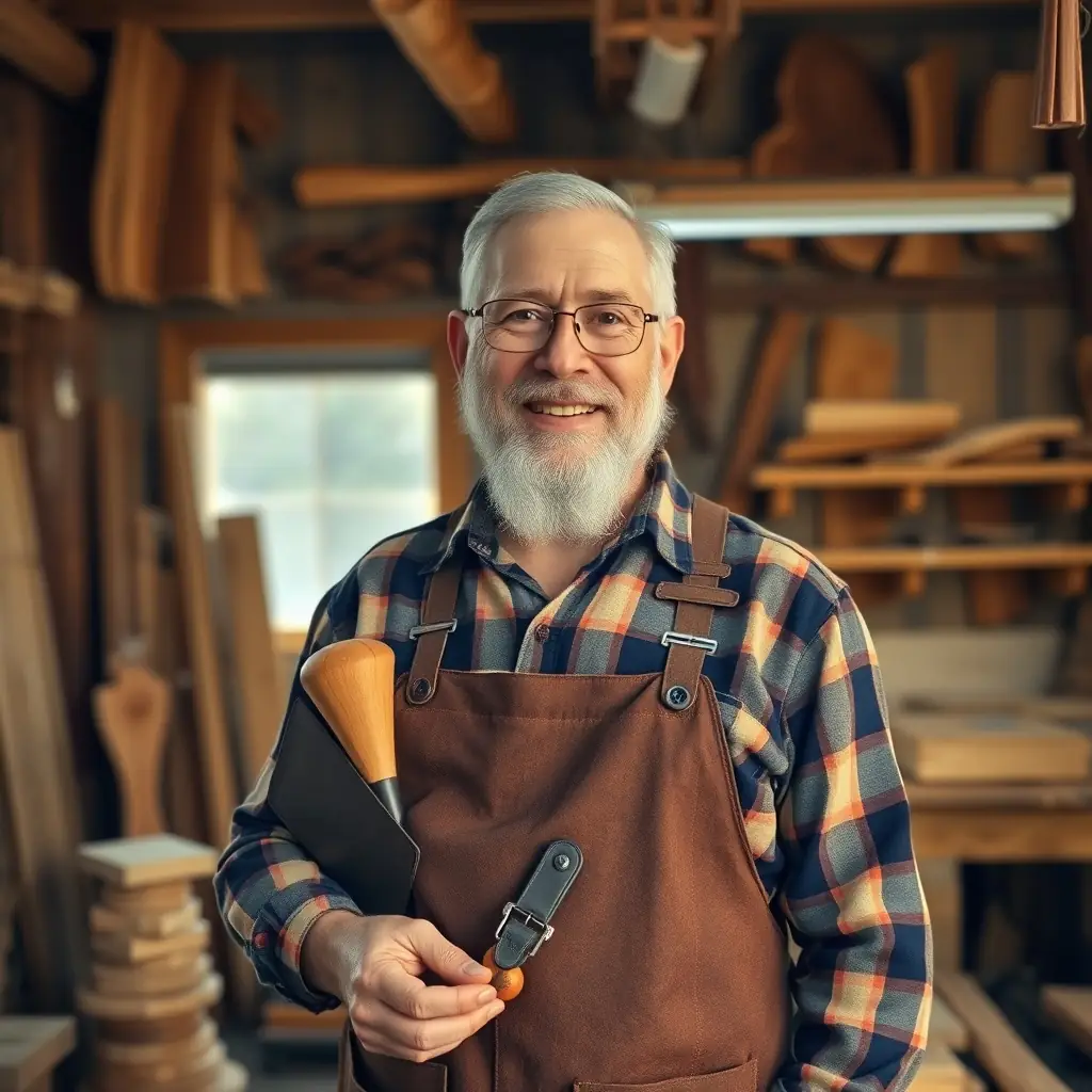 Kenji has a weathered face and strong hands, his eyes reflecting years of experience working with wood.