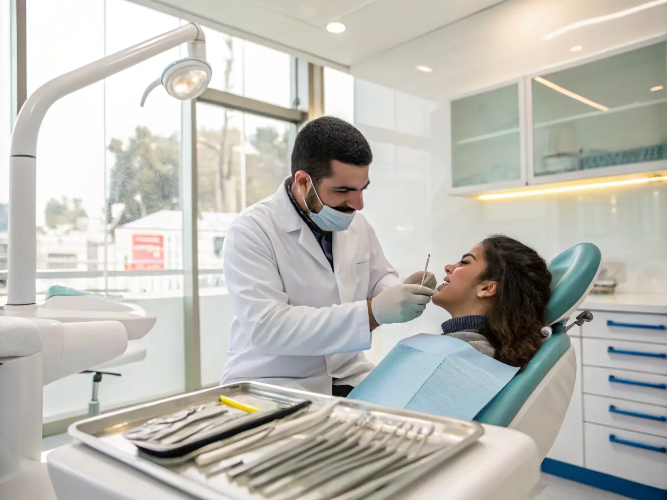 A dentist carefully examining a patient's teeth during a smile designing consultation at Sanghvi Face and Dental Hospital. The image highlights the precision and personalized care involved in the process.