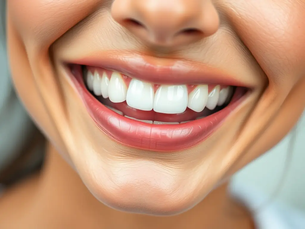 A close-up shot of a person smiling confidently, showcasing perfectly aligned and bright teeth after a smile designing procedure at Sanghvi Face and Dental Hospital. The background is blurred to focus on the smile.