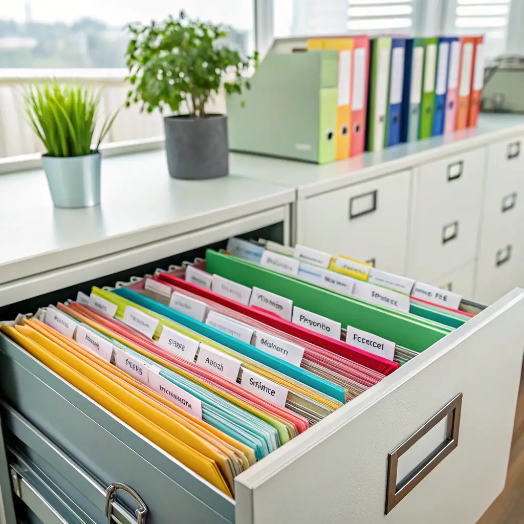 A well-organized file cabinet with labeled folders, representing the systematic documentation process for each IVF case.