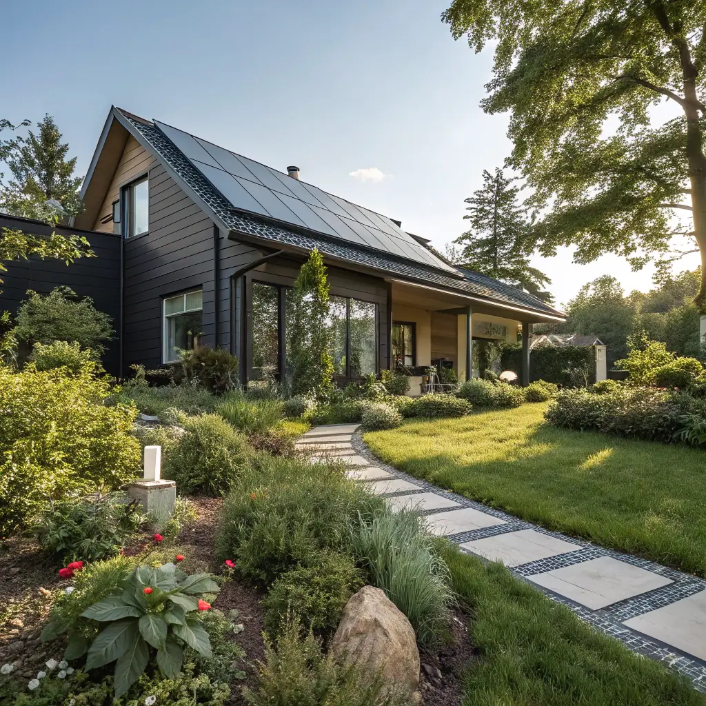 A modern, eco-friendly smart home interior showcasing integrated technology and sustainable design elements, emphasizing energy efficiency and a connected living experience.