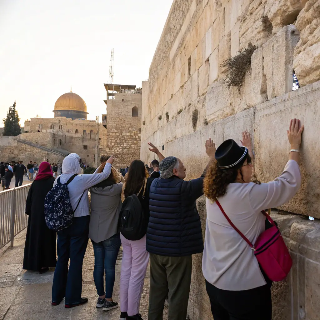A scenic view of a private guided tour in Jerusalem, Israel, showcasing a small group of tourists with mobility aids enjoying the historical sites. The image should convey a sense of freedom, exploration, and inclusivity.