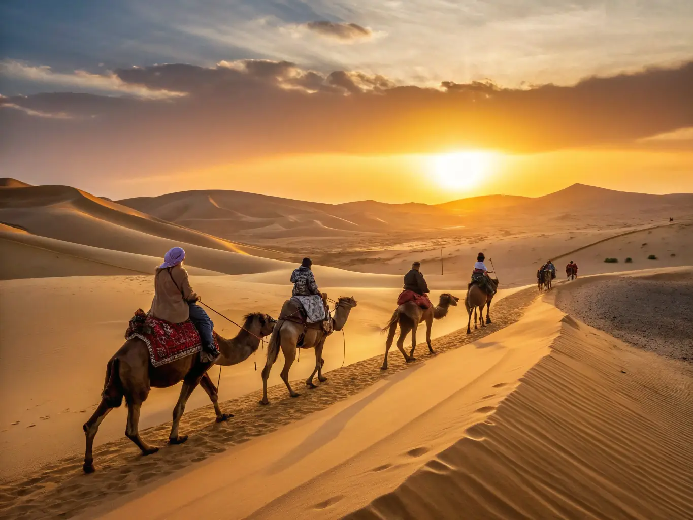 A camel trek in the Erg Chebbi dunes near Merzouga, showcasing the vast desert landscape.