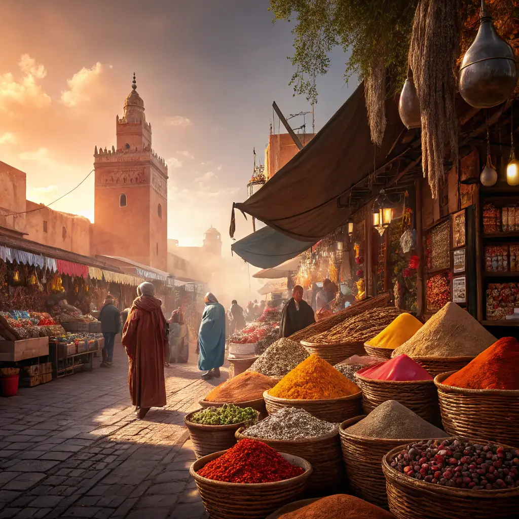A vibrant image showcasing a bustling Moroccan marketplace with colorful spices, traditional crafts, and local people interacting, capturing the essence of Moroccan culture and adventure.