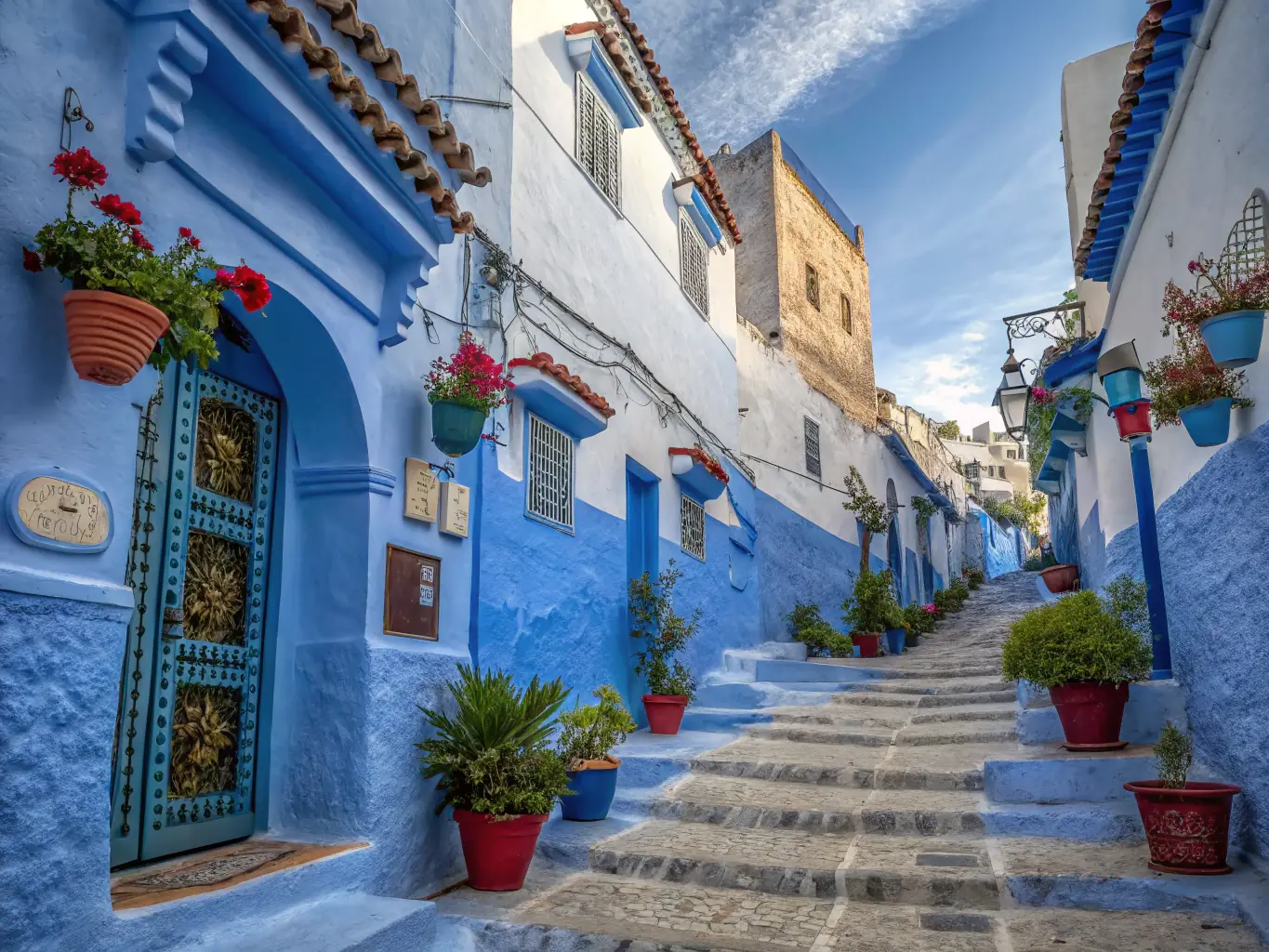 A panoramic view of Chefchaouen from the Spanish Mosque, showcasing the blue-washed buildings and surrounding mountains.