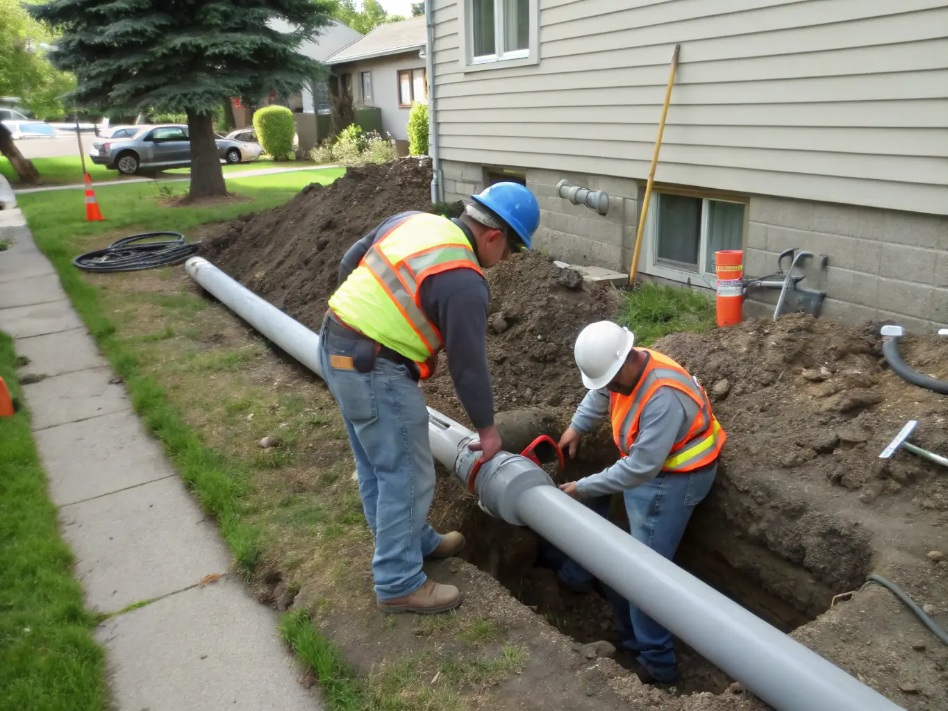 A single-wall polyethylene pipe being installed in a trench, with workers carefully connecting the pipe sections.