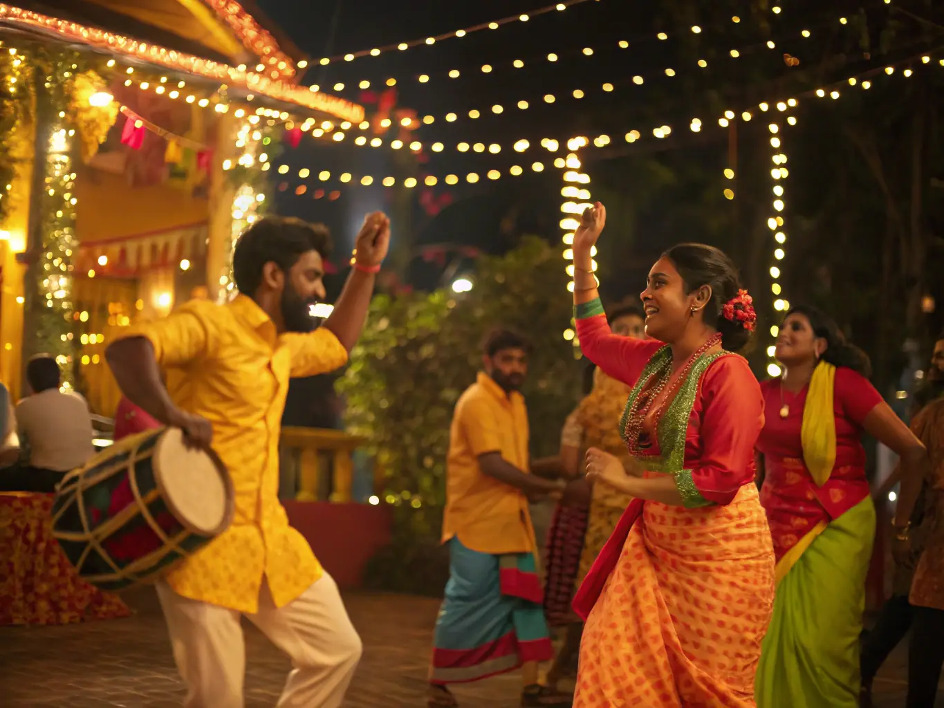 A vibrant and colorful Theyyam performance in Kerala, with performers in elaborate costumes and makeup, set against the backdrop of a traditional Kerala village. Capture the energy and cultural richness of the festival.