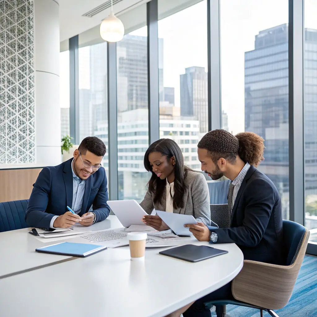 Image depicting a collaborative meeting between Harbor Private Equity partners and a management team, showcasing a modern office environment and emphasizing a partnership-oriented atmosphere.