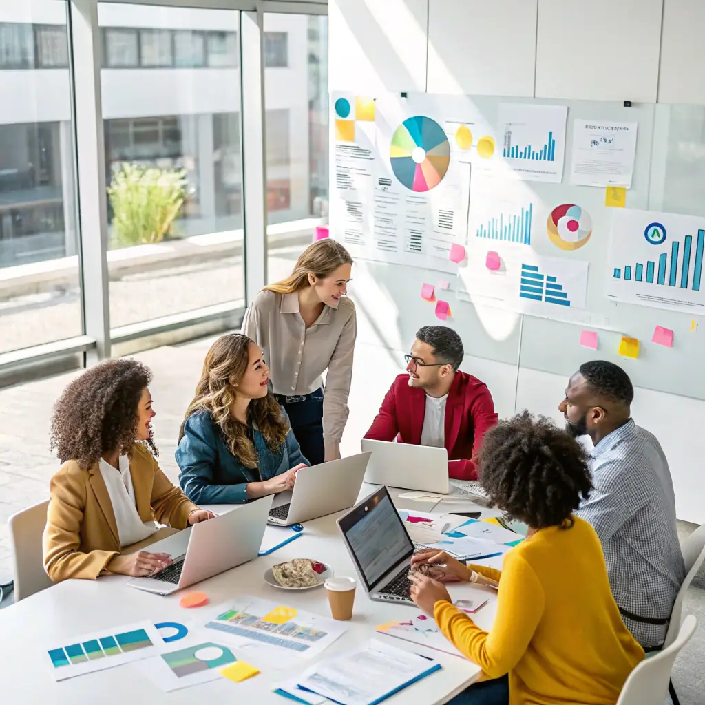 A diverse team of digital marketing experts at OmegaQube headquarters, collaborating around a table with AI robots and R2-D2, discussing ORM strategies for online digital product stores, with Texas flags visible in the background.