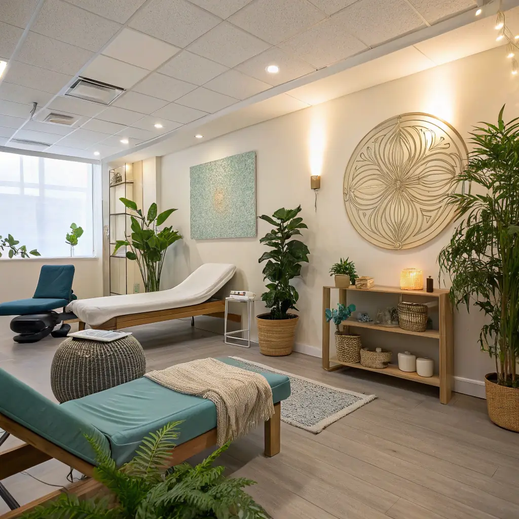 A serene wellness studio setting with a client relaxing during a microcurrent therapy session, emphasizing the calming and rejuvenating aspects of the Solo Reset.