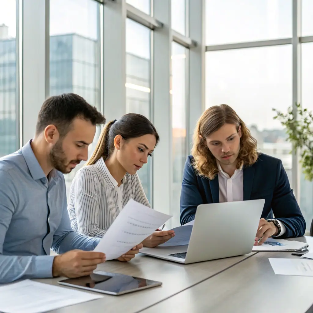 A team of consultants reviewing documents and discussing improvements to a quality management system in a modern office setting.
