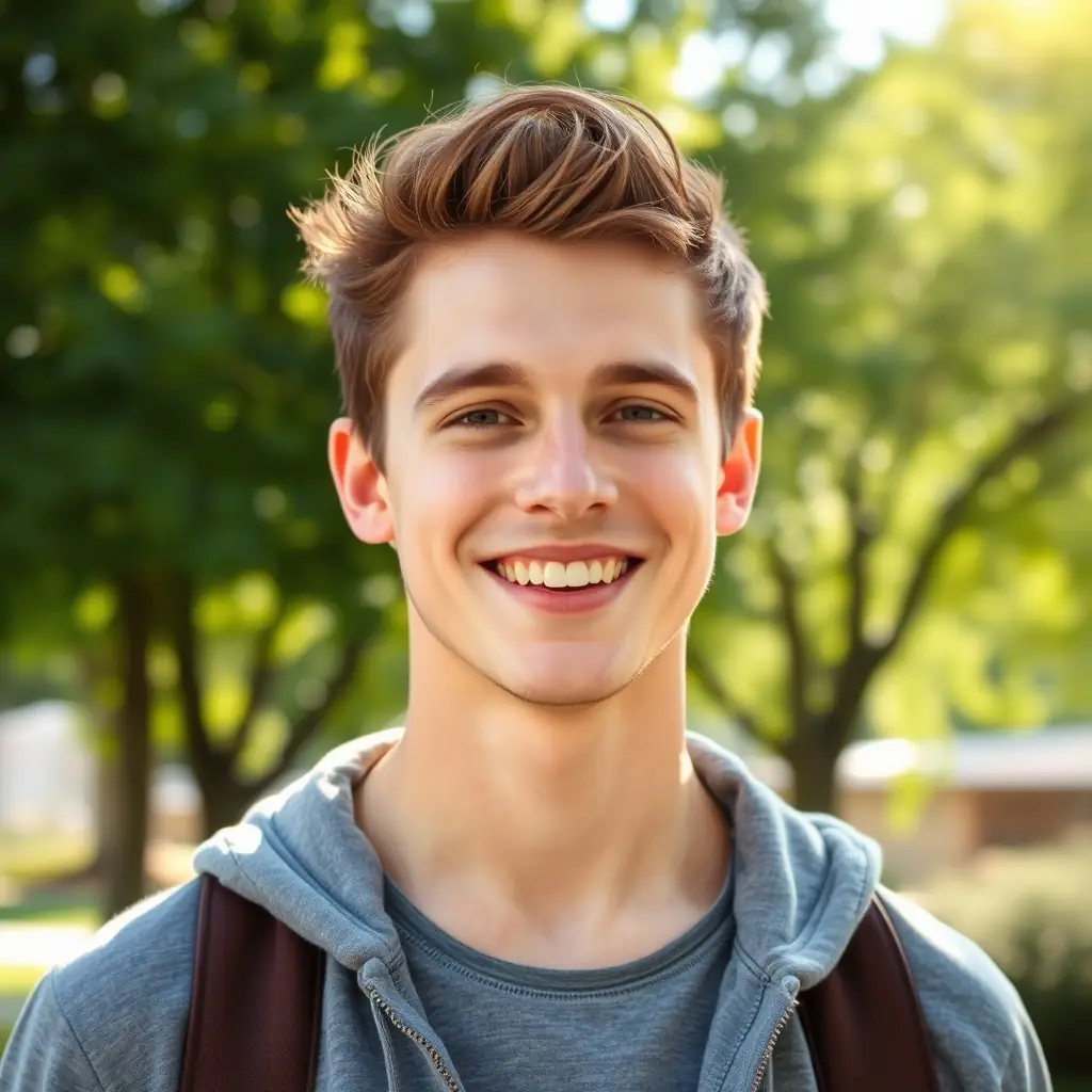 A young man with a warm smile and light brown hair, wearing a casual yet professional outfit.