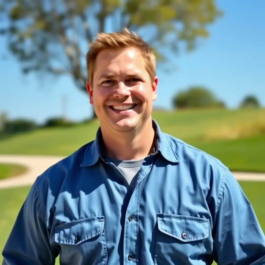 A friendly man with short brown hair and a neatly trimmed beard, wearing a 4L Contracting uniform shirt.