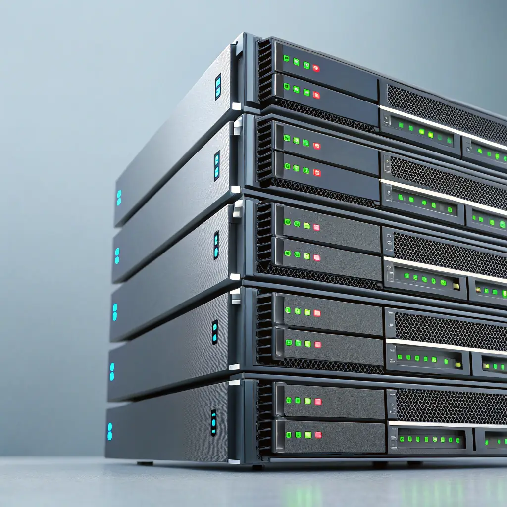 A close-up shot of server hardware with blinking lights, symbolizing the robust infrastructure behind VPS and hosting services. The image should convey reliability and high performance.