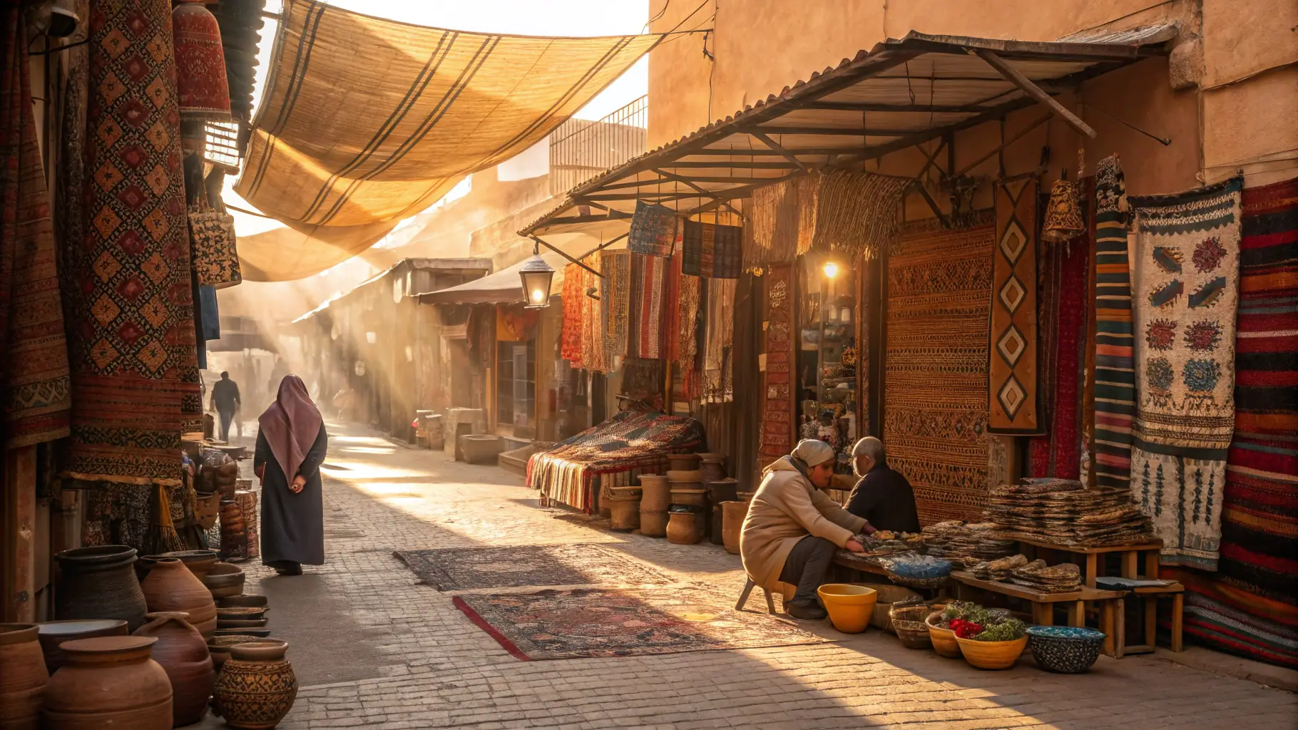 A vibrant display of Moroccan handcrafted home decor items, showcasing colorful textiles, pottery, and intricate woodwork, set against a backdrop of a bustling Moroccan souk.