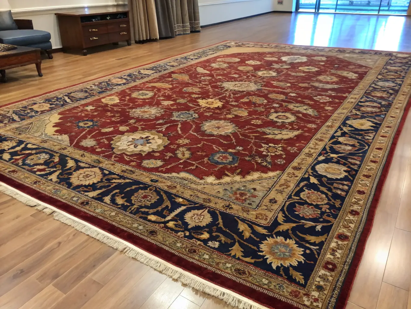 A vibrant Moroccan rug with intricate geometric patterns, displayed in a sunlit room.