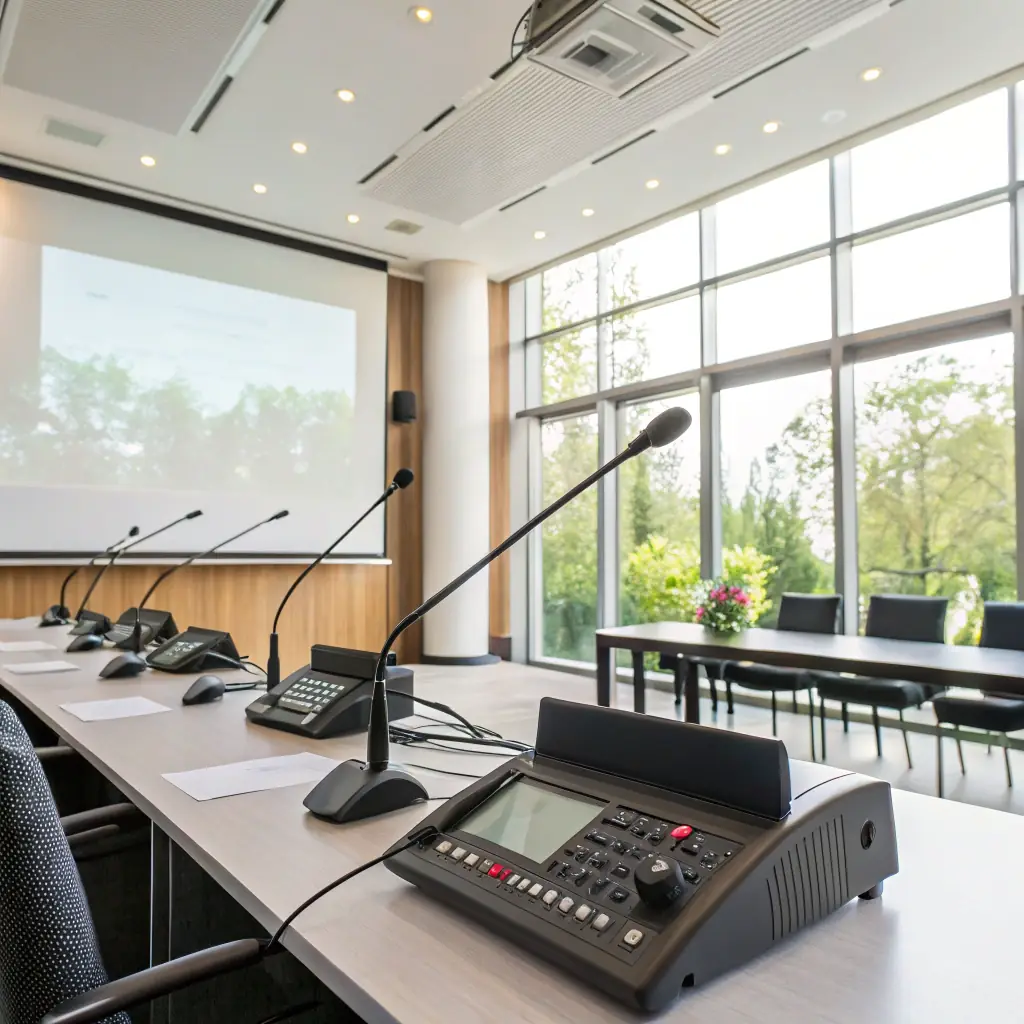 A brightly lit, modern conference room with sleek furniture and integrated technology, showcasing a video conference in progress on a large display. The room is clean, organized, and reflects a professional and collaborative environment.