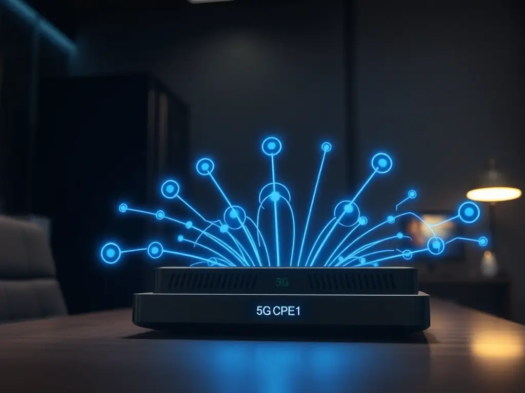 Illustration of CELINTECH's 5G CPE device with network signals emanating in a professional environment