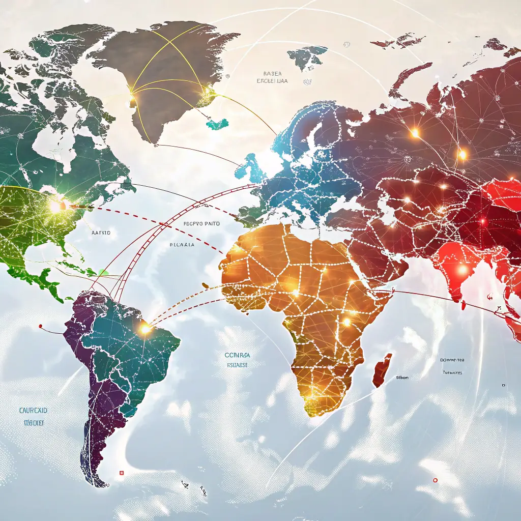 A digital illustration of a map with OmegaQube's logo pinpointing various locations, symbolizing enhanced local SEO for an online digital product store.