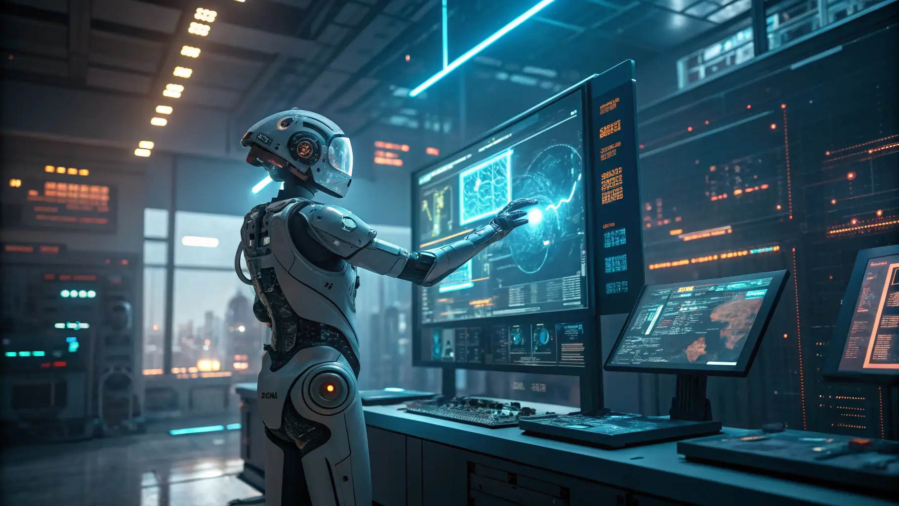 A dynamic scene featuring Omegacube and R2 in the Texas Bunker, surrounded by AI agents, robots, web design gurus, and scientists collaborating on cutting-edge AI web design projects, symbolizing innovation and technological mastery.