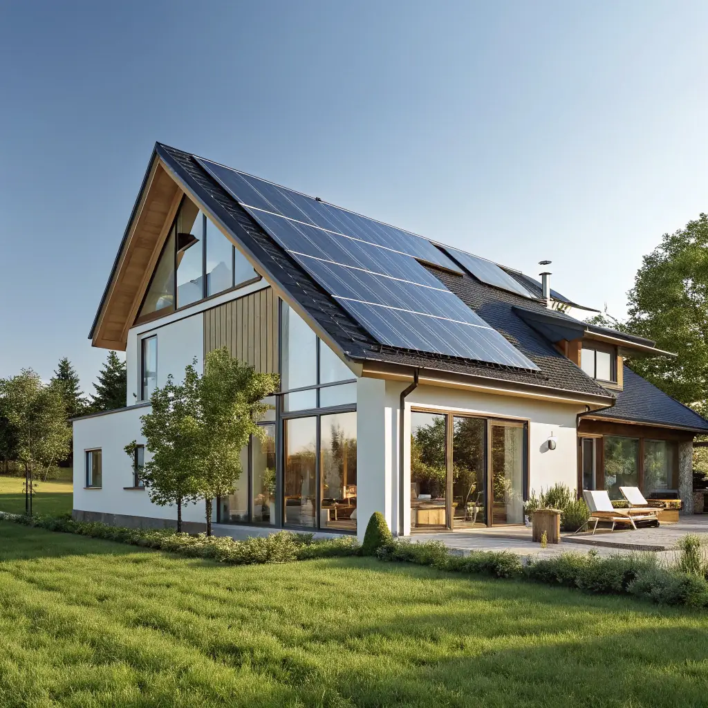A modern, eco-inspired illustration of a green home with solar panels and lush plants, symbolizing sustainable living and eco-conscious design