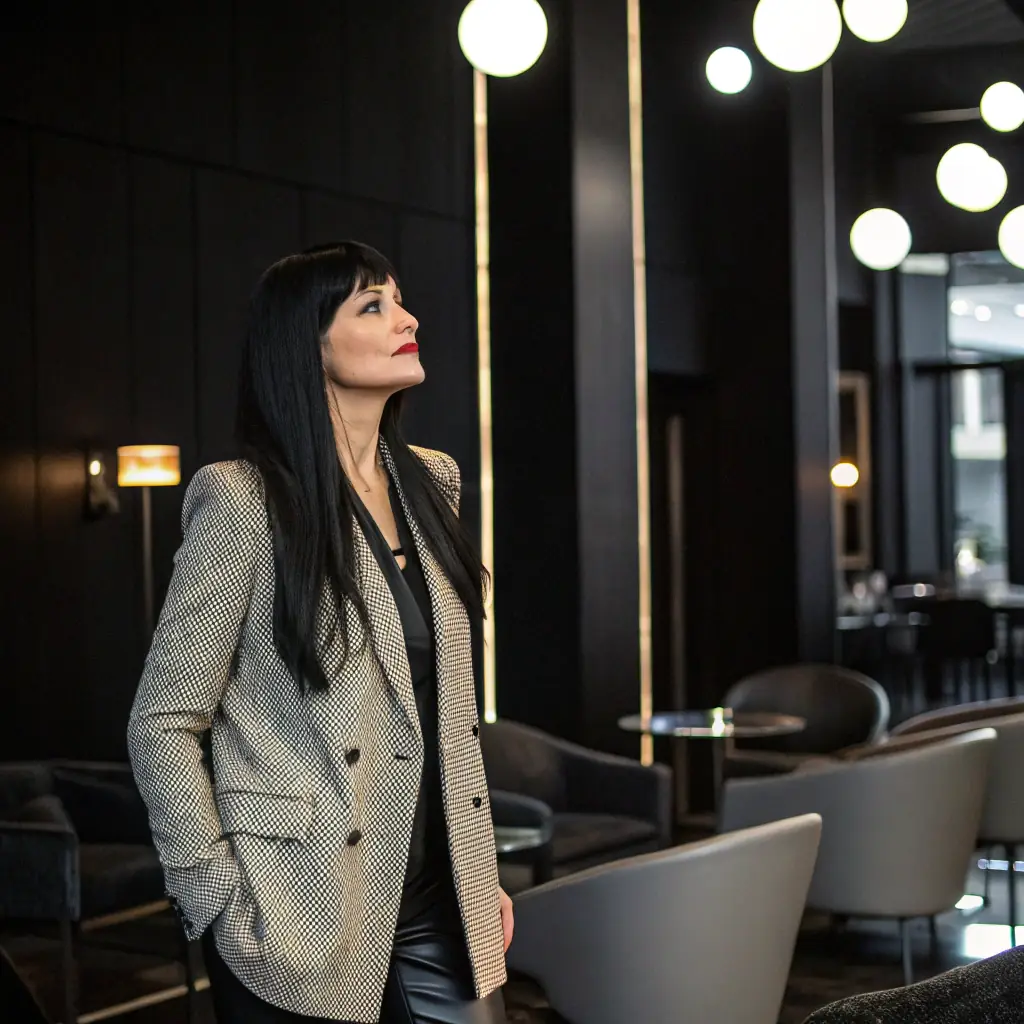 Saltanat is a woman with long black hair, wearing a black dress and a necklace. She has an elegant and sophisticated appearance.