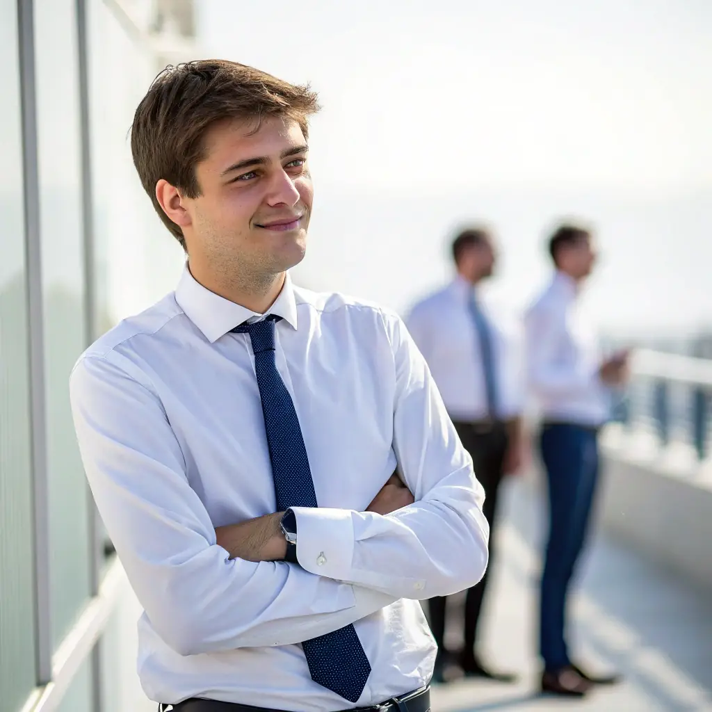 Daniyar is a man with short dark hair, wearing a blue shirt and a tie. He has a confident and reliable look.