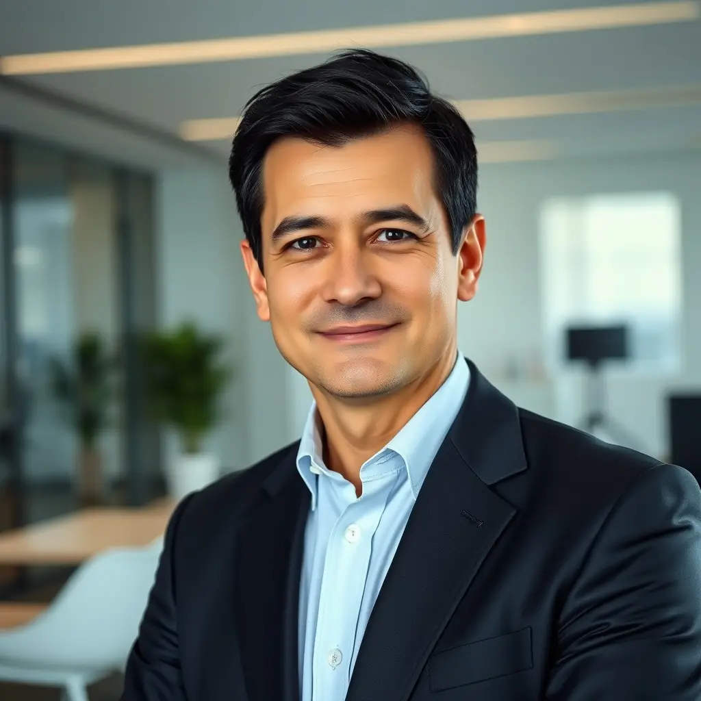 Arman is a man with short black hair, wearing a gray suit and a white shirt. He has a serious and professional demeanor.