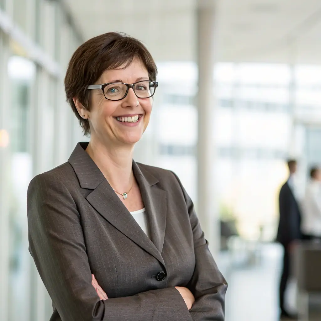 A professional headshot of Jane Smith, a woman with short brown hair, wearing a business suit, smiling confidently.