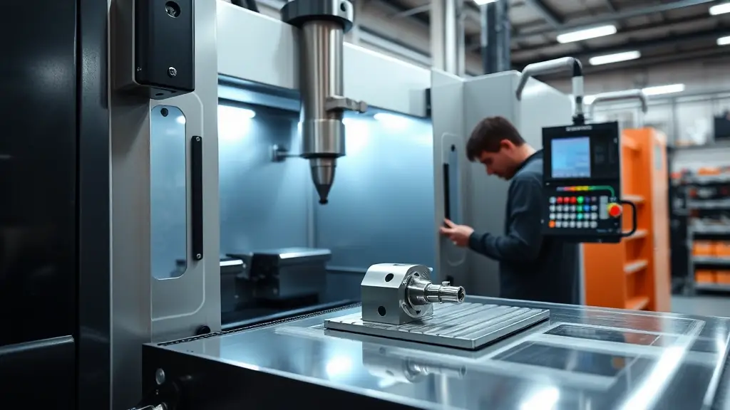 A modern CNC machine precisely milling a complex metal component in a clean, well-lit industrial setting.