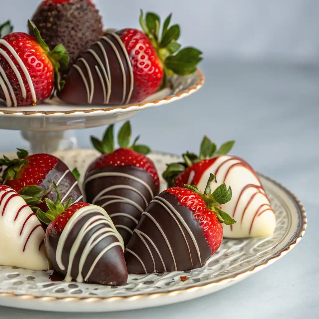 A close-up shot of various chocolate-dipped treats (cookies, pretzels, strawberries) arranged artfully, with a focus on the rich chocolate texture and vibrant colors. The background is softly blurred to keep the focus on the treats.