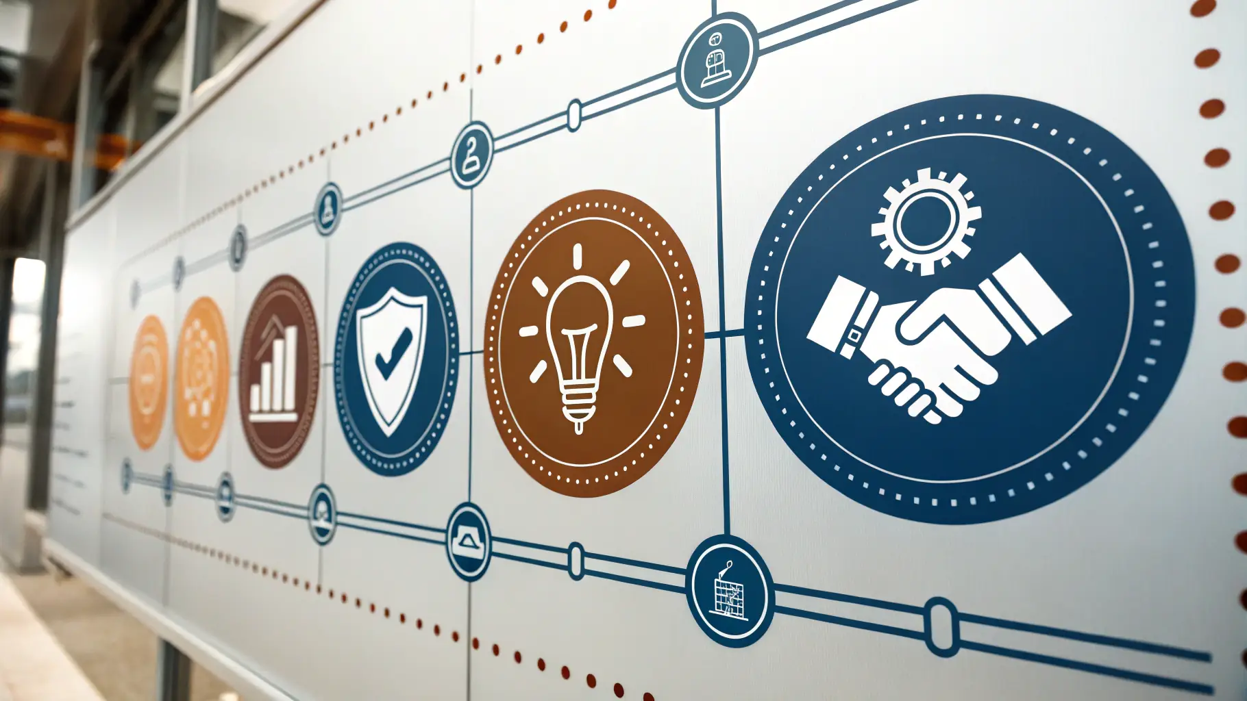 A vibrant timeline showcasing OmegaQube's successful projects, featuring project thumbnails, icons representing Gemini and R2 for AI expertise, and a DeLorean symbolizing forward-looking innovation, set against a backdrop of regional and diverse achievements.