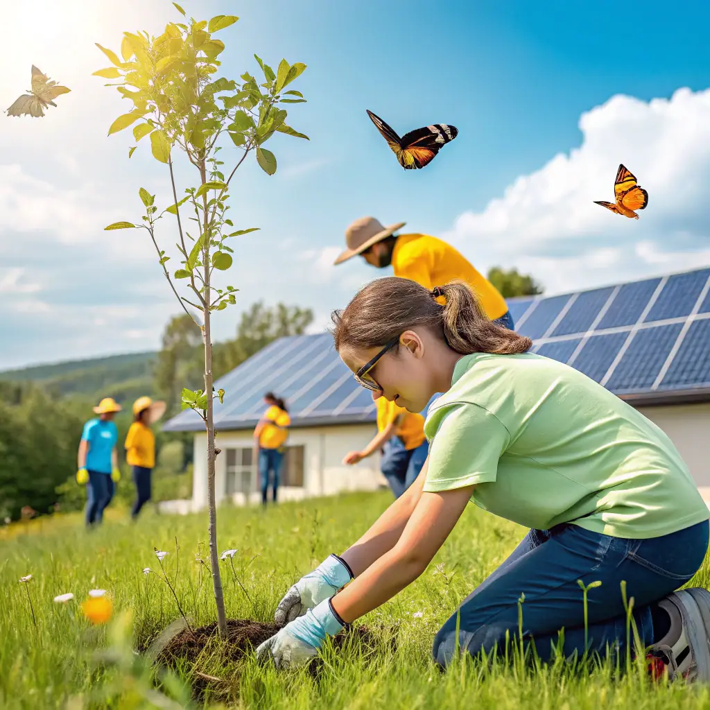 A vibrant collage showcasing diverse individuals engaged in sustainable practices: gardening, utilizing solar panels, and operating gasifiers, all while sharing smiles and laughter, set against a backdrop of lush greenery and clear skies.