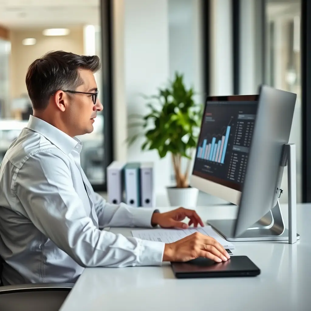 A professional accountant reviewing financial documents in a modern office setting, symbolizing EMUTAX's expertise and attention to detail.