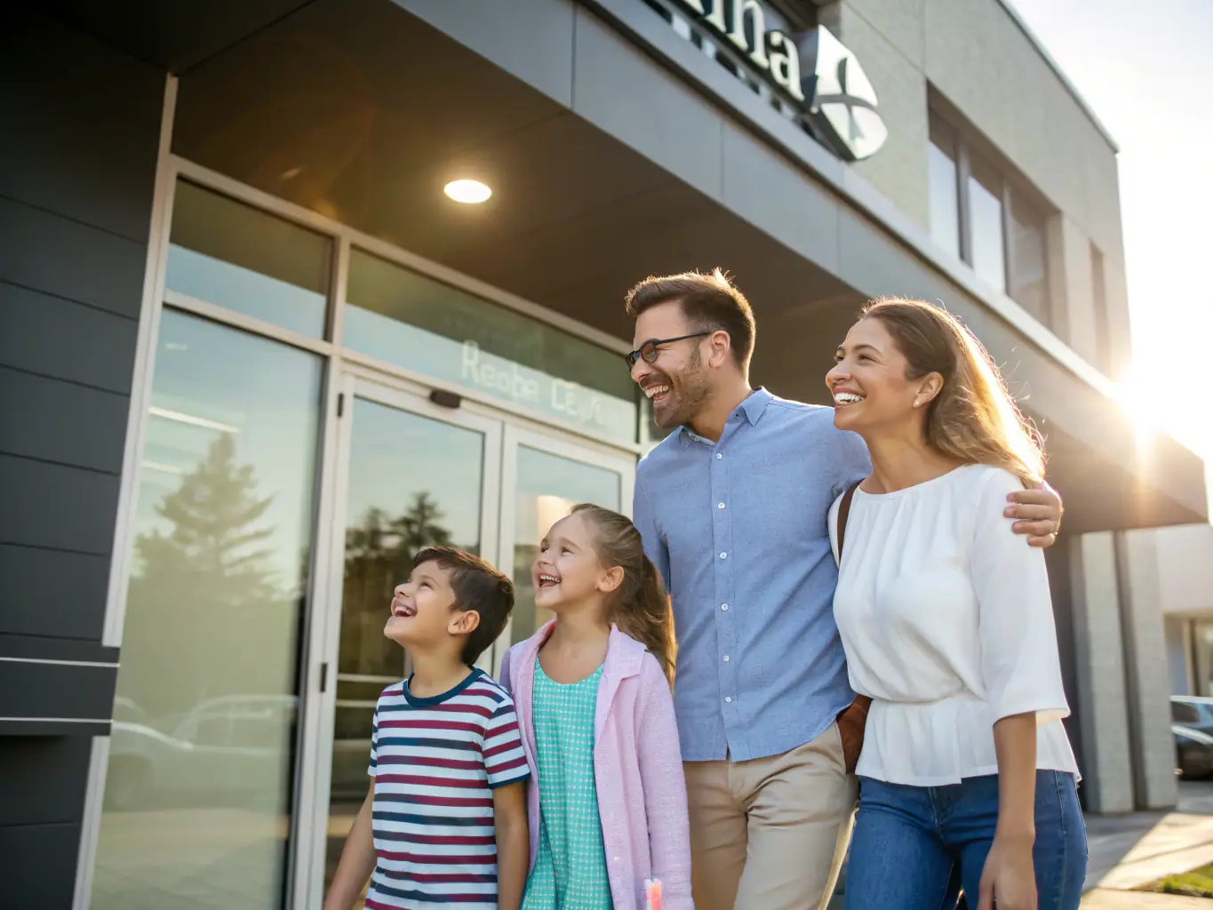 A happy family with healthy smiles, including parents, children, and grandparents, all smiling brightly in a dental clinic setting.
